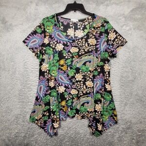Emily Stacy Tunic Top Womens 3X Black Multi Color Paisley Floral Sharkbite Hem